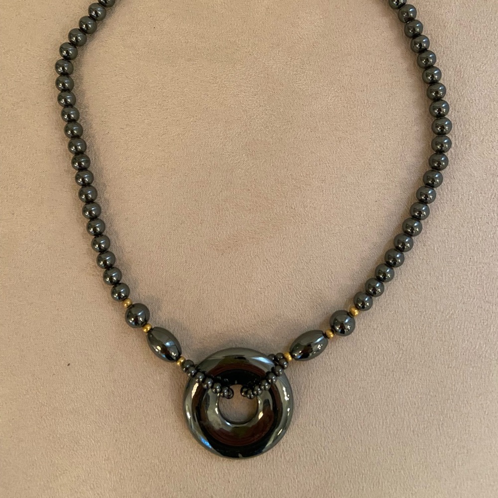 Hematite beaded necklace with hematite round pendant with lobster claw clasp